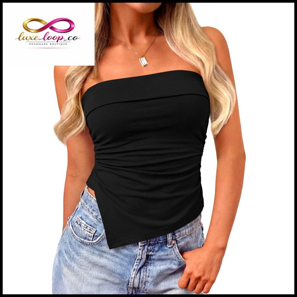 Strapless Tube Top Asymmetrical Ruched Bandeau Slim Fit Stretchy Knit